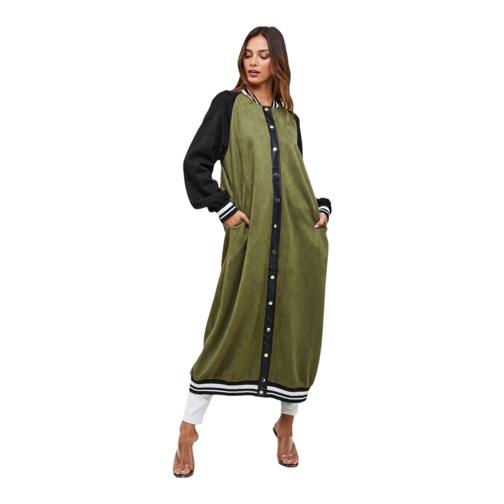 SoNo Chic Varsity Faux Suede Green Maxi Front Snap Jacket - Picture 12 of 14